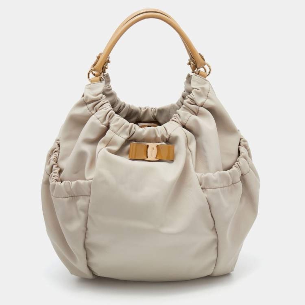 Salvatore Ferragamo Beige Nylon and Patent Leather Hobo